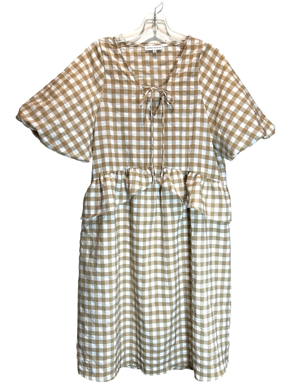 Moon River Beige and White Gingham Midi Dress - Picture 2 of 11